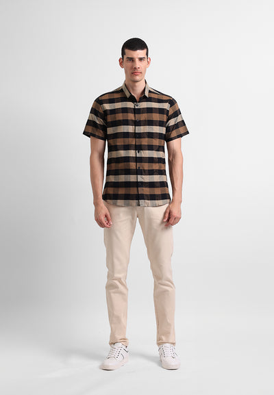 MANZONE - Kemeja Lengan Pendek Pria Slim Fit Rodrick 2 - Brown