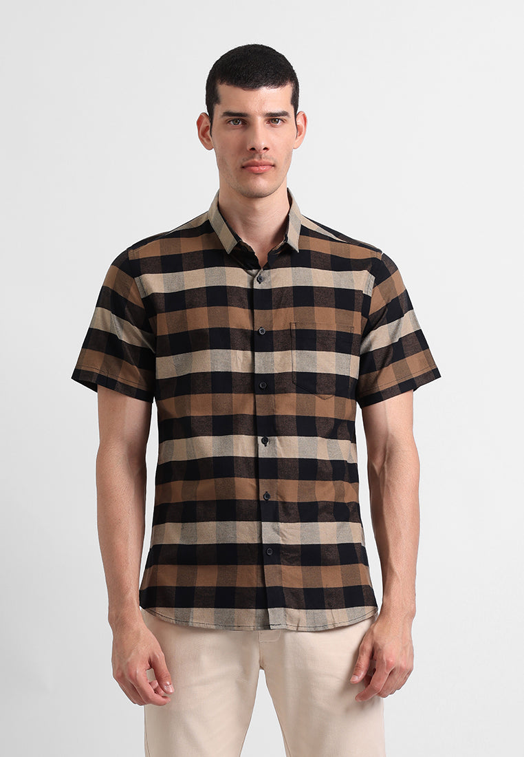 MANZONE - Kemeja Lengan Pendek Pria Slim Fit Rodrick 2 - Brown