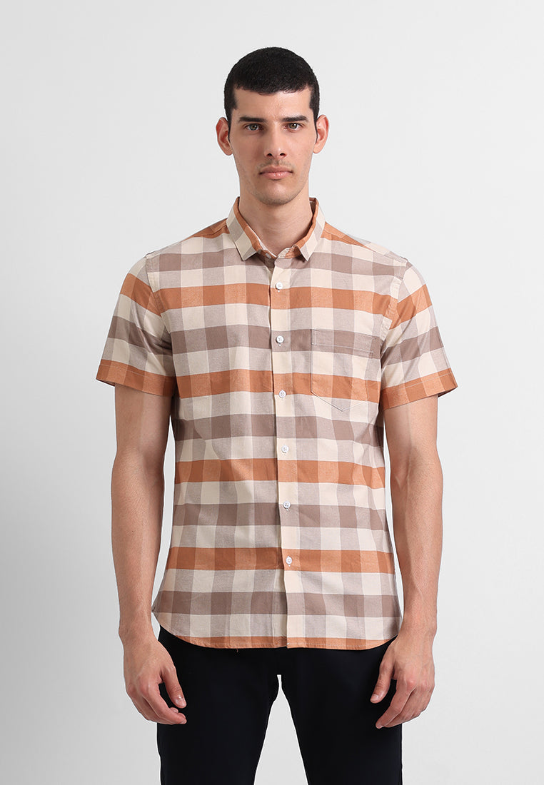 MANZONE - Kemeja Lengan Pendek Pria Slim Fit Rodrick 5 - Light Brown