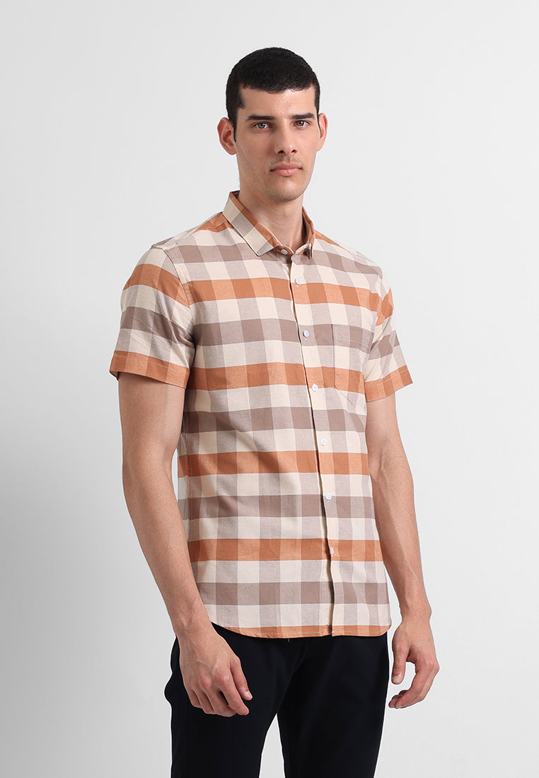 MANZONE - Kemeja Lengan Pendek Pria Slim Fit Rodrick 5 - Light Brown