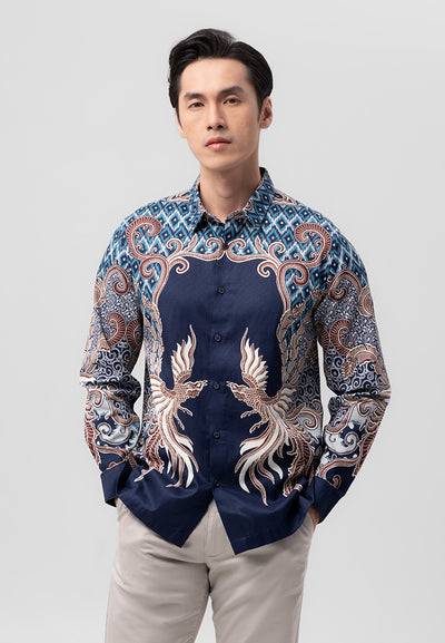 MANZONE - Kemeja Batik Lengan Panjang Pria  Bharabasa Modern Fit - Navy