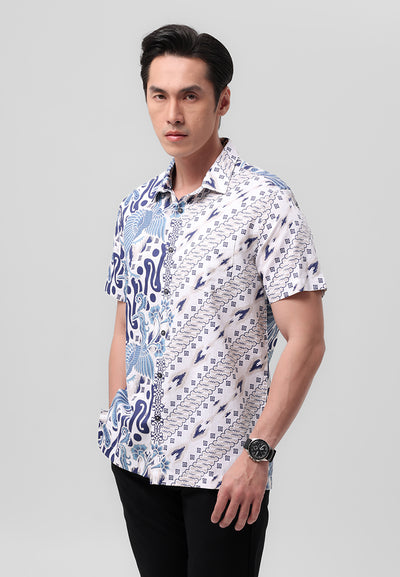 MANZONE - Kemeja Batik Lengan Pendek Pria Kripawarman Modern Fit - White