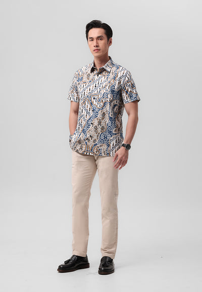 MANZONE - Kemeja Batik Lengan Pendek Devantara 05  Modern Fit -  White