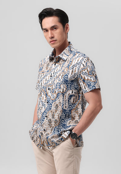 MANZONE - Kemeja Batik Lengan Pendek Devantara 05  Modern Fit -  White