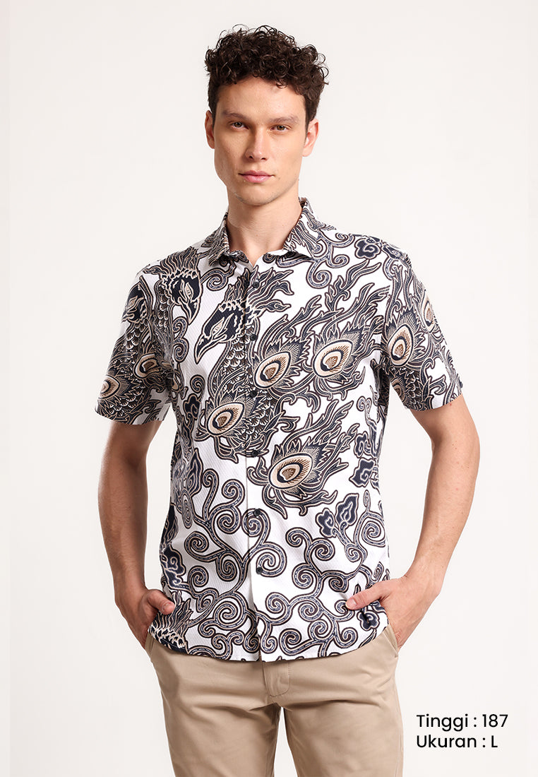 MANZONE - Kemeja Batik Lengan Pendek Pria Parama Slim Fit - White