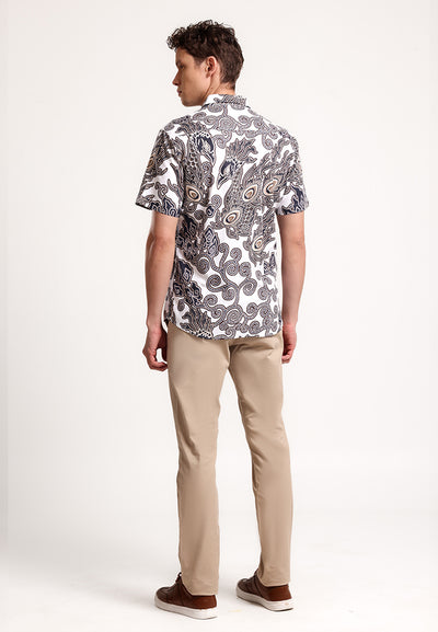 MANZONE - Kemeja Batik Lengan Pendek Pria Parama Slim Fit - White