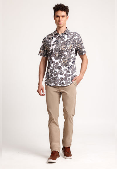 MANZONE - Kemeja Batik Lengan Pendek Pria Parama Slim Fit - White