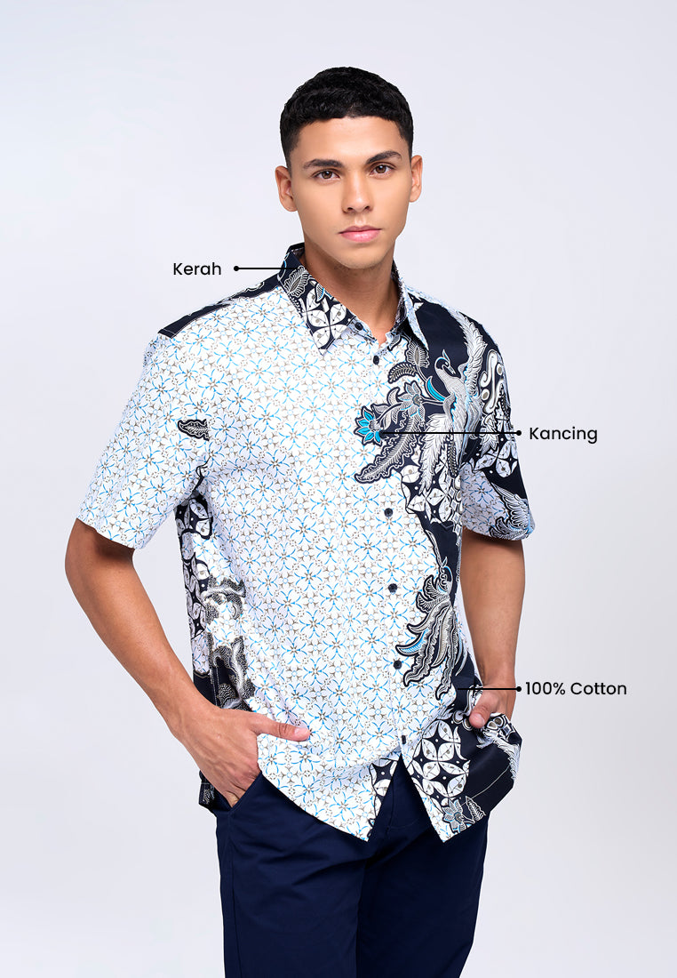 MANZONE - Kemeja Batik Lengan Pendek Pria Brama Comfort Fit - White