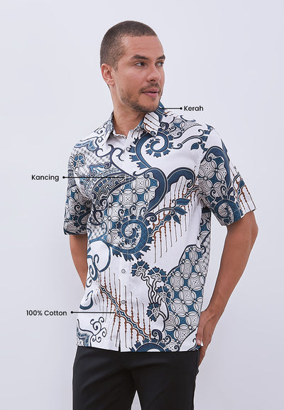 MANZONE - Kemeja Batik Lengan Pendek Pria Cakrayudha 02 Comfort Fit - White