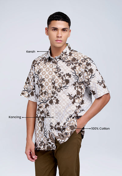 MANZONE - Kemeja Batik Lengan Pendek Pria Cakrayudha 03 Comfort Fit - White
