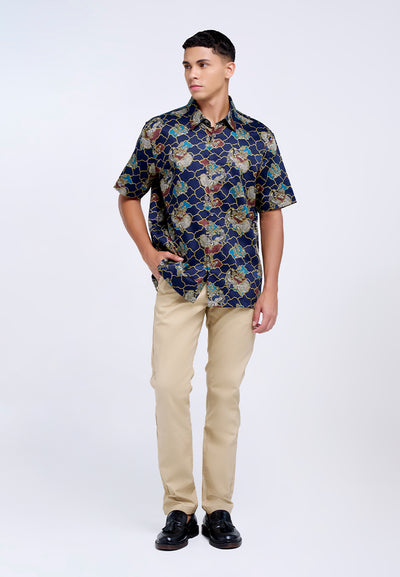 MANZONE - Kemeja Batik Lengan Pendek Pria Cakrayudha 05 Comfort Fit - Navy