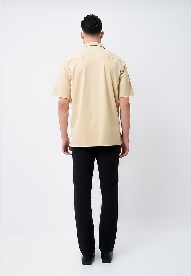 MANZONE - Kemeja Lengan Pendek Interclock Pria Hubner 6 Comfort Fit - Beige