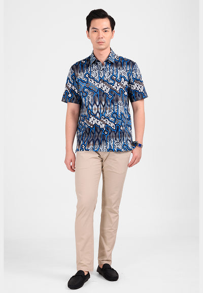 MANZONE - Kemeja Batik Lengan Pendek Pria Auriga Comfort Fit - Navy