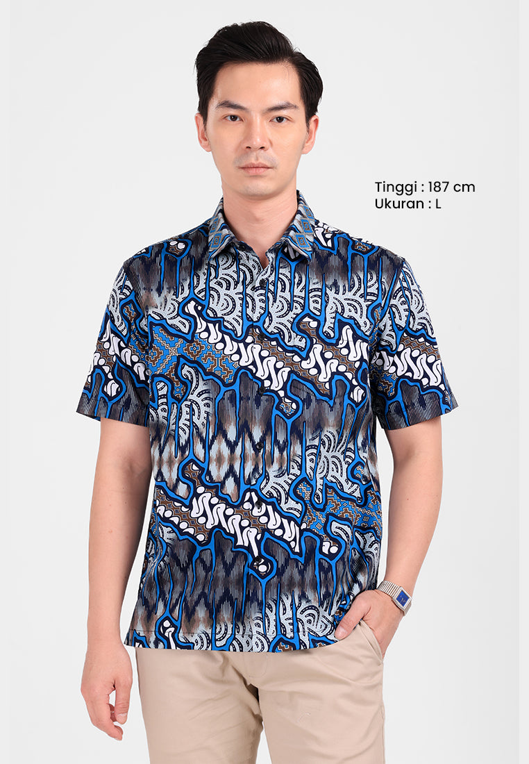 MANZONE - Kemeja Batik Lengan Pendek Pria Auriga Comfort Fit - Navy