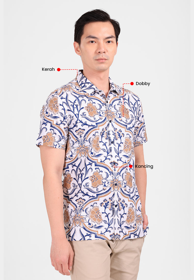 MANZONE - Kemeja Batik Lengan Pendek Pria Warada Modern Fit - White