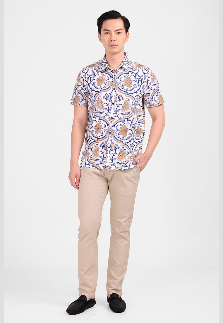 MANZONE - Kemeja Batik Lengan Pendek Pria Warada Modern Fit - White