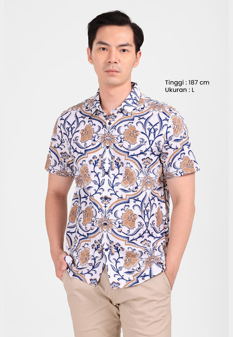 MANZONE - Kemeja Batik Lengan Pendek Pria Warada Modern Fit - White