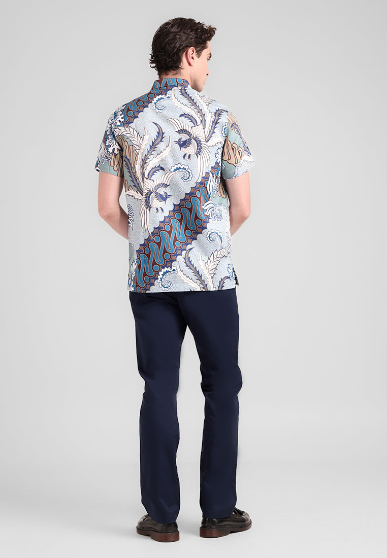 MANZONE - Kemeja Batik Lengan Pendek Pria Pandarka 03 Modern Fit - Green Grey