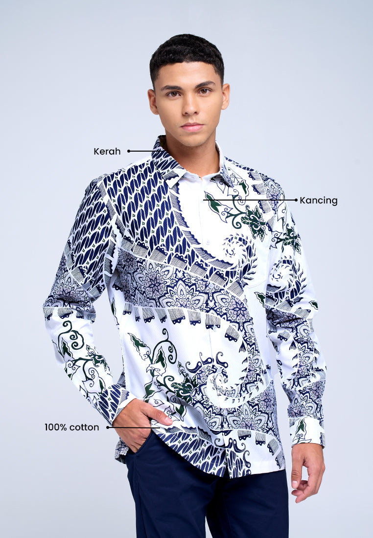 MANZONE - Kemeja Batik Lengan Panjang Pria Linggabuana Modern Fit - White