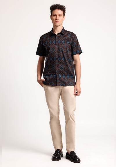 MANZONE - Kemeja Batik Lengan Pendek Pria Modern Fit Antasari - Black