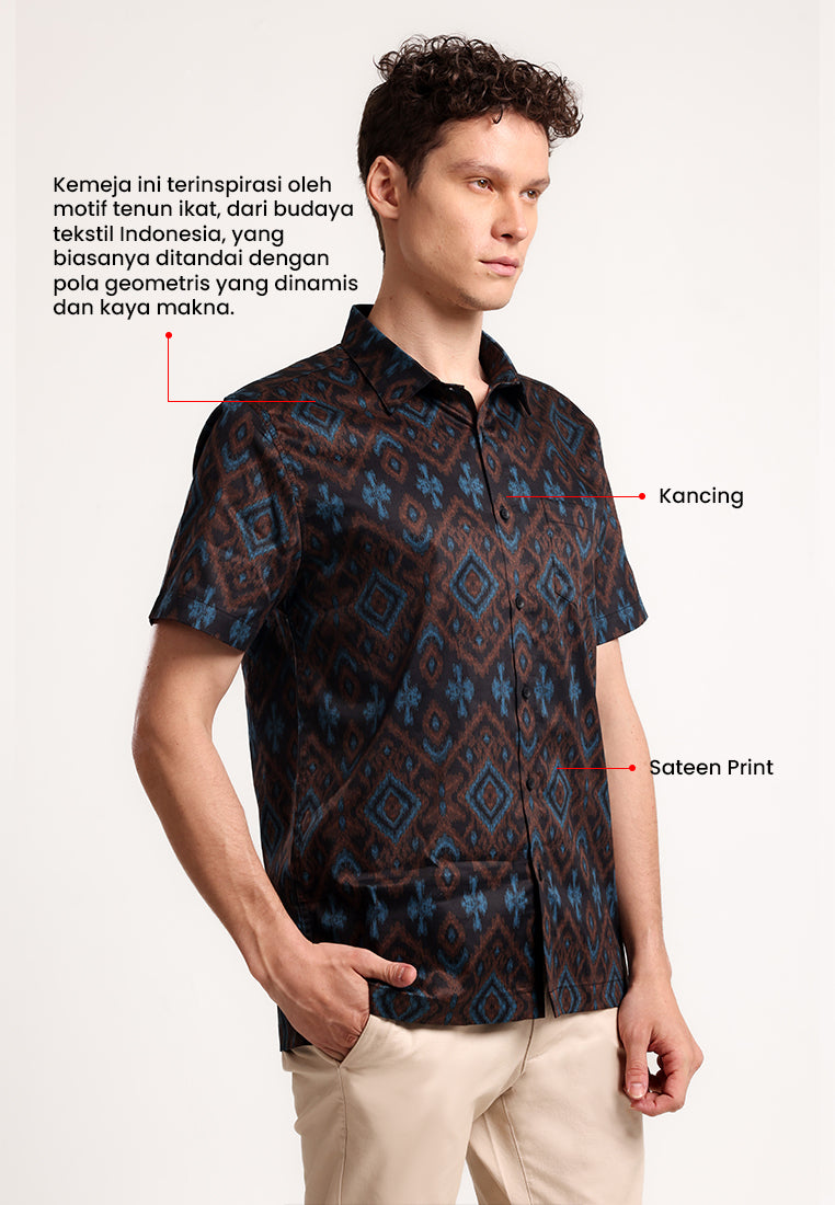 MANZONE - Kemeja Batik Lengan Pendek Pria Modern Fit Antasari - Black