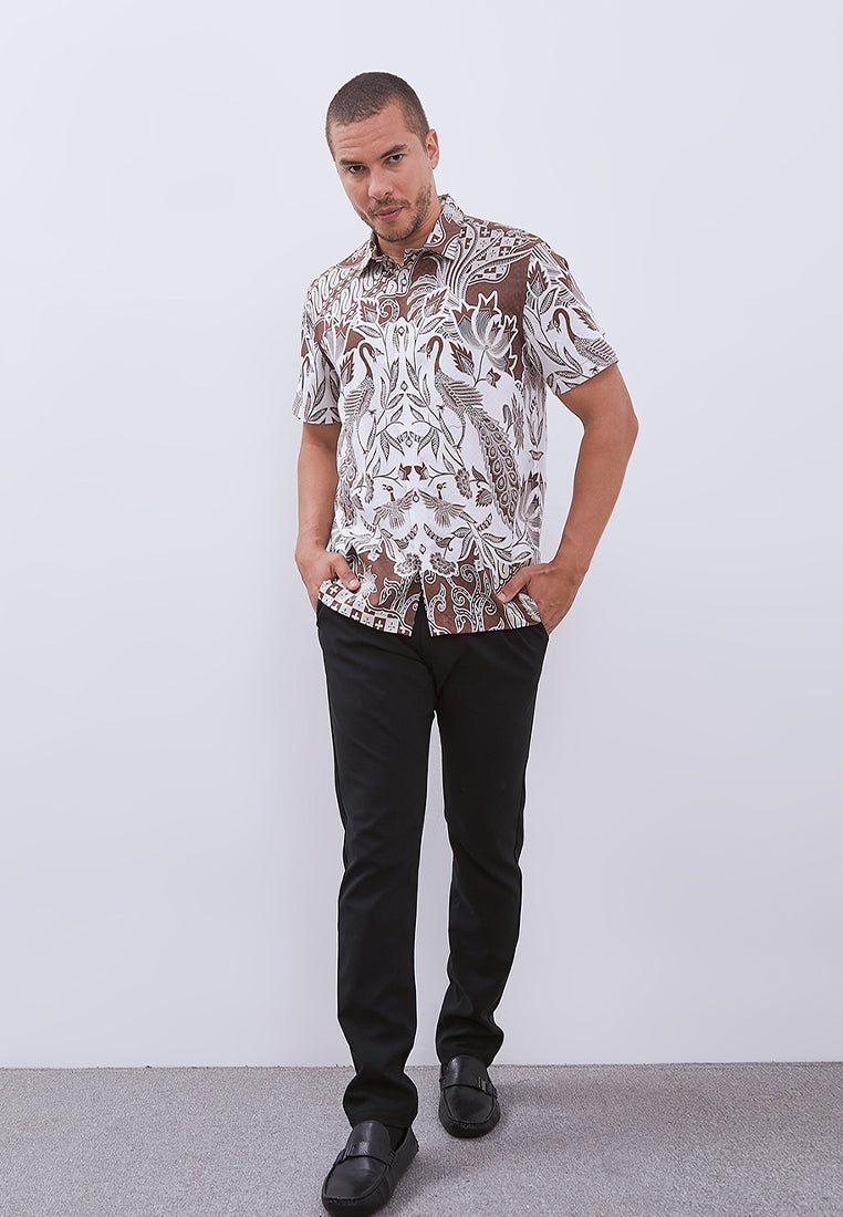 MANZONE - Kemeja Batik Lengan Pendek Pria Champaka Modern Fit - Khaki