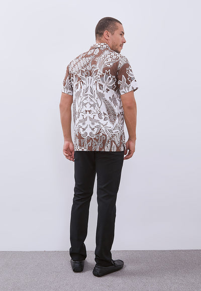 MANZONE - Kemeja Batik Lengan Pendek Pria Champaka Modern Fit - Khaki