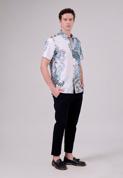 MANZONE - Kemeja Batik Lengan Pendek Pria Maharajasa Modern Fit - White