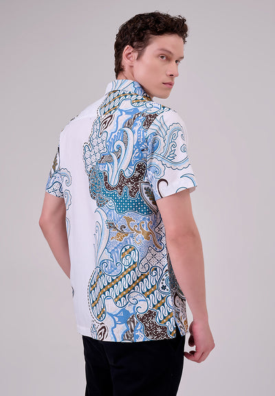 MANZONE - Kemeja Batik Lengan Pendek Pria Maharajasa Modern Fit - White
