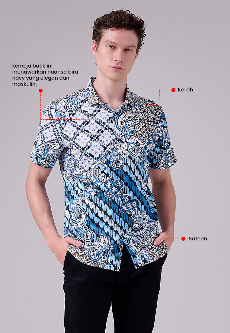 MANZONE - Kemeja Batik Lengan Pendek Pria Suraprabawa Slim Fit - Blue