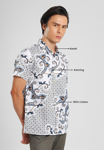 MANZONE - Kemeja Batik Lengan Pendek Pria Darajati 01 Modern Fit - White
