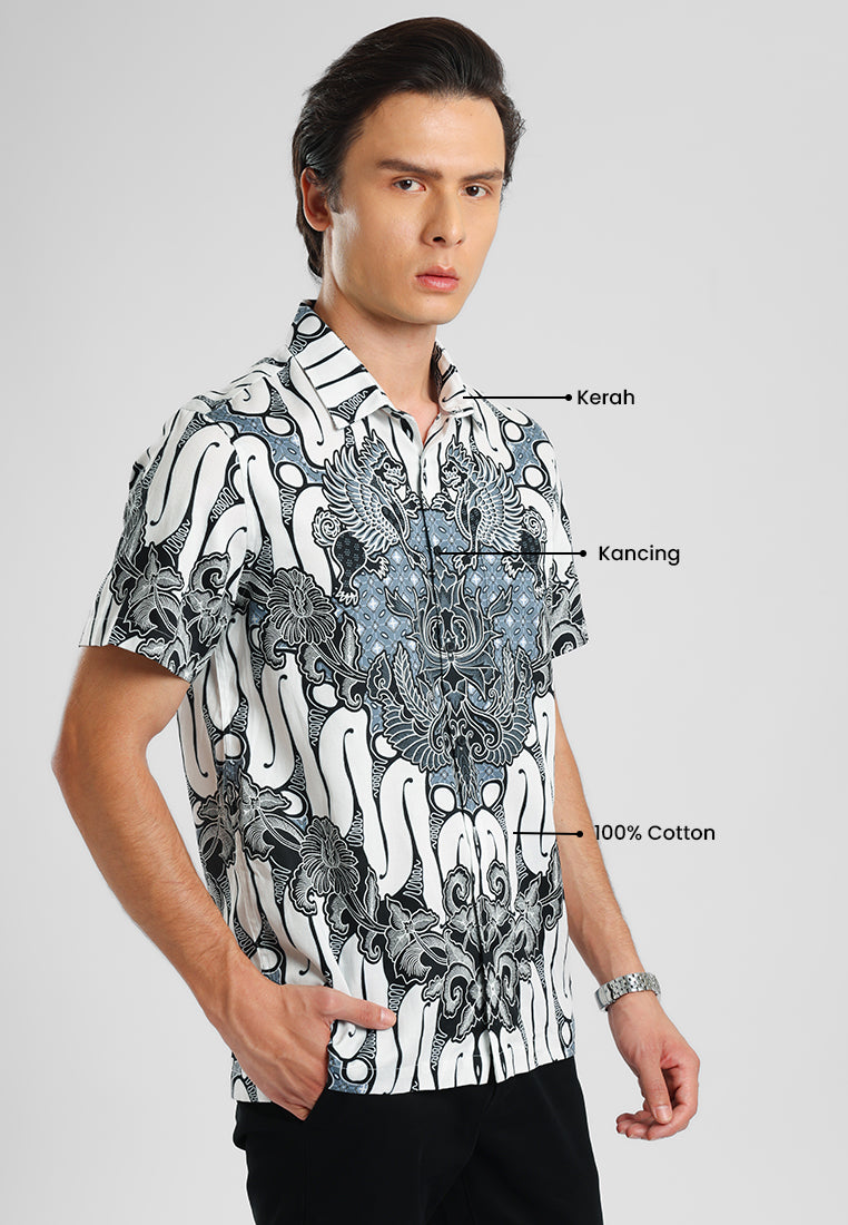 MANZONE - Kemeja Batik Lengan Pendek Pria Darajati 05 Modern Fit - White