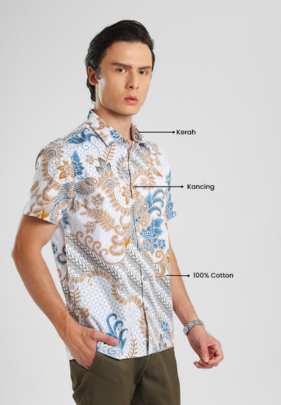 MANZONE - Kemeja Batik Lengan Pendek Pria Garang Modern Fit - Light Brown