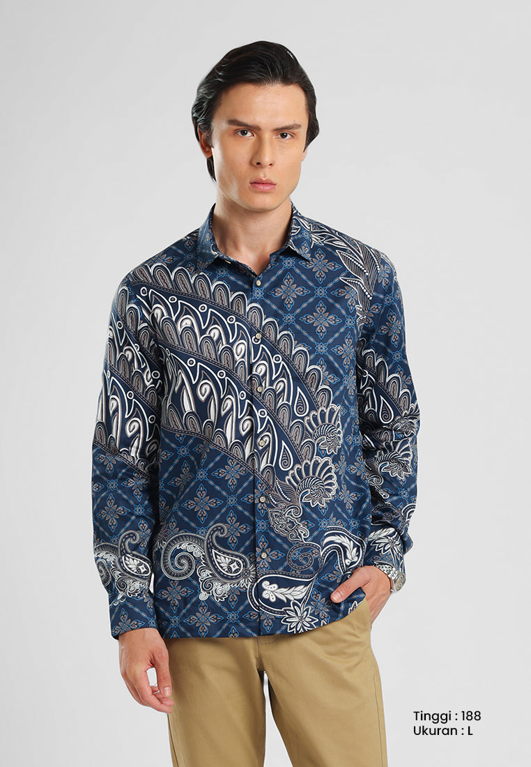 MANZONE - Kemeja Batik Lengan Panjang Pria Abiyasa Modern Fit - Navy