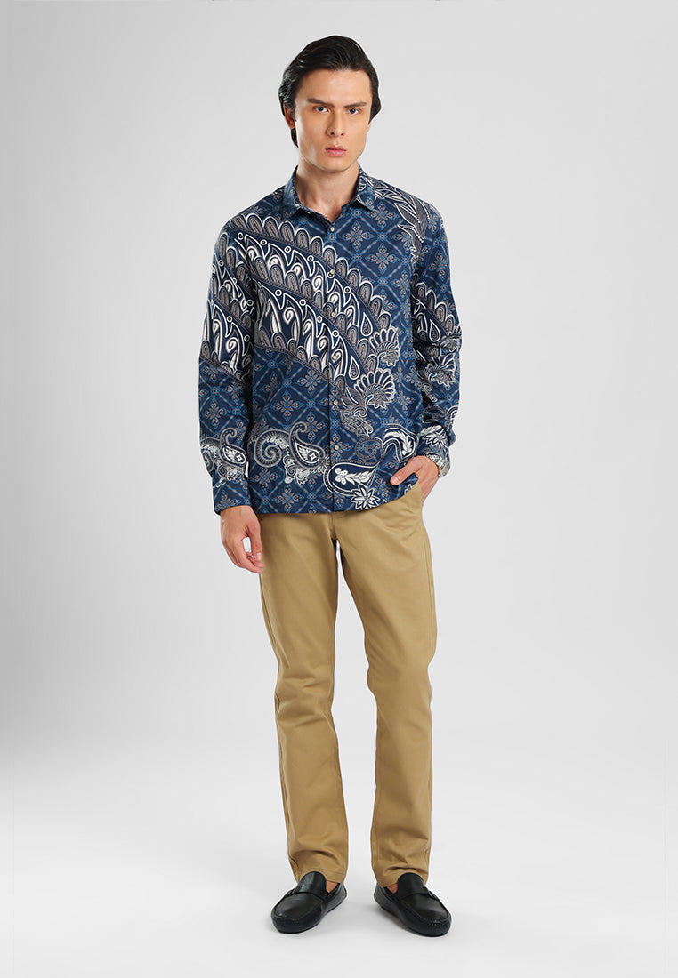 MANZONE - Kemeja Batik Lengan Panjang Pria Abiyasa Modern Fit - Navy