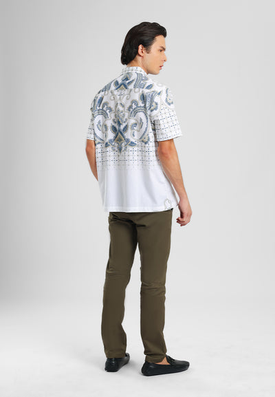 MANZONE - Kemeja Batik Lengan Pendek Pria Shiwa Comfort Fit - White