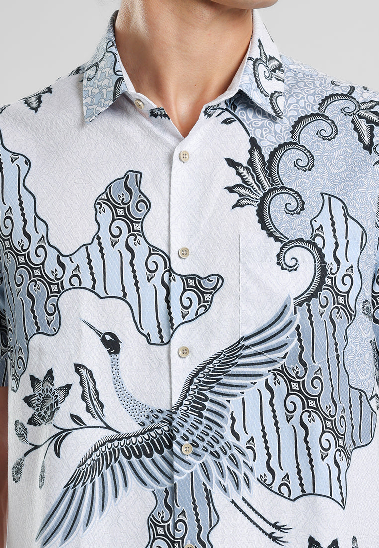 MANZONE - Kemeja Batik Lengan Pendek Pria Wanamarta Modern Fit - White