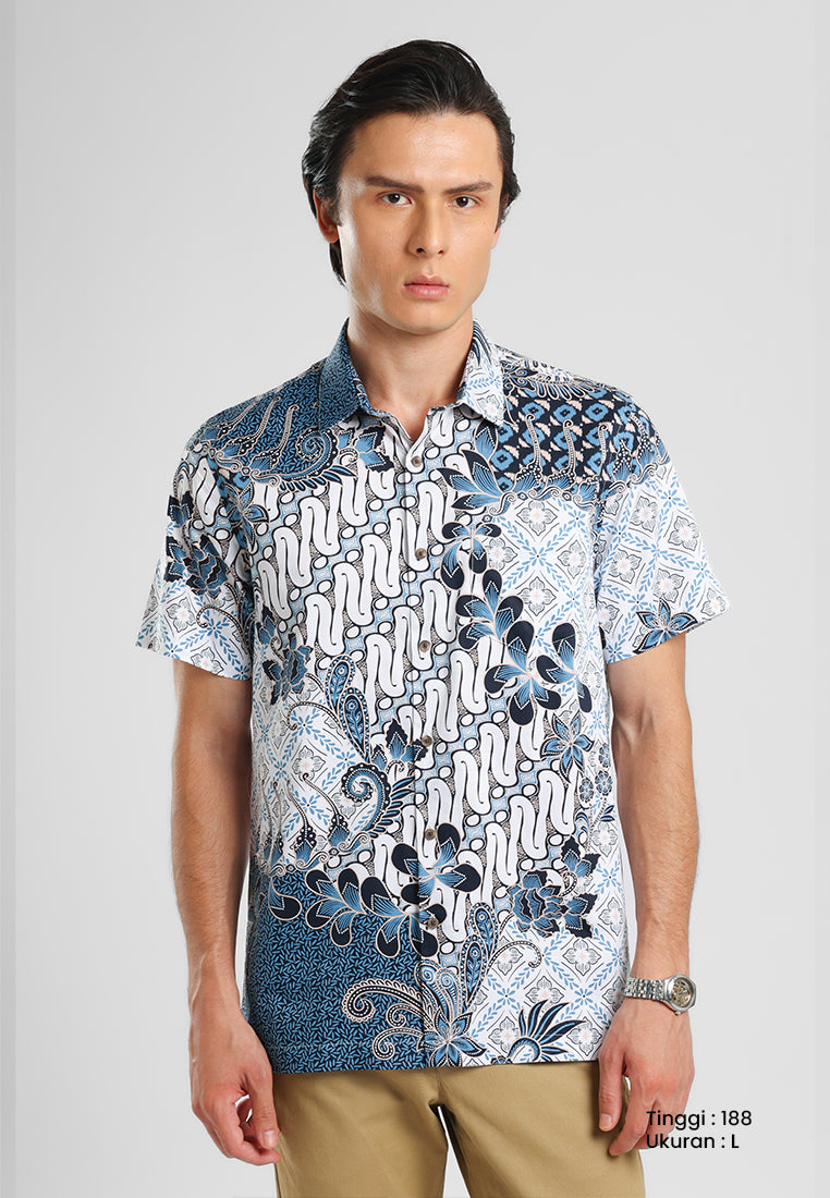 MANZONE - Kemeja Batik Lengan Pendek Pria Wira Modern Fit - Light Blue
