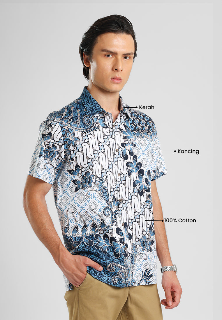 MANZONE - Kemeja Batik Lengan Pendek Pria Wira Modern Fit - Light Blue