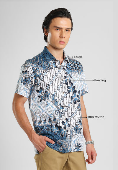 MANZONE - Kemeja Batik Lengan Pendek Pria Wira Modern Fit - Light Blue