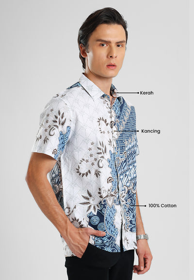 MANZONE - Kemeja Batik Lengan Pendek Pria Krakarsa Modern Fit - Blue