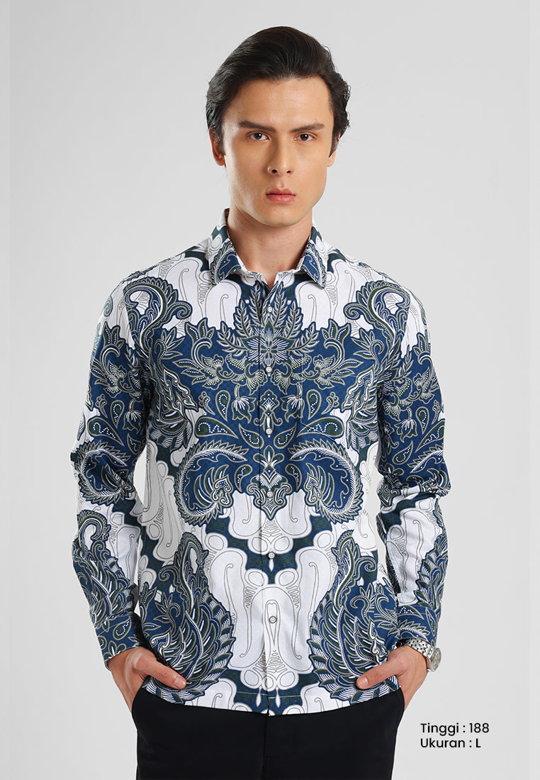 MANZONE - Kemeja Batik Lengan Panjang Pria Benawa Modern Fit - Navy