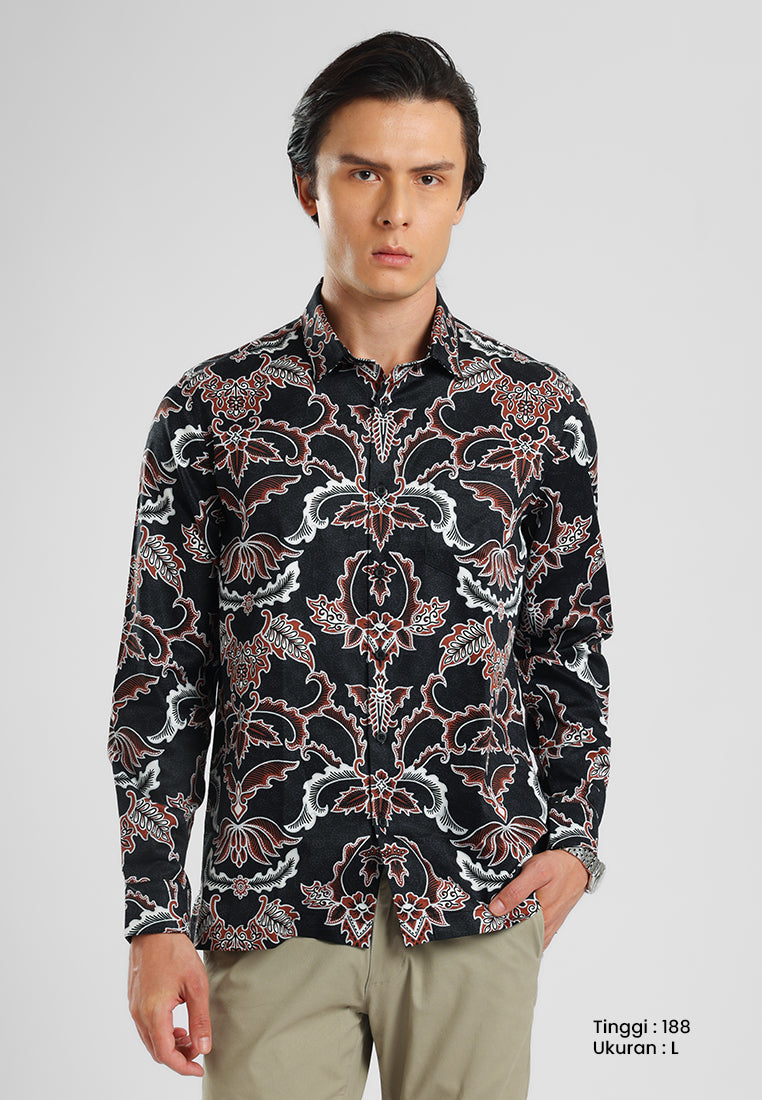 MANZONE - Kemeja Batik Lengan Panjang Pria Kundala 04 Modern Fit - Black