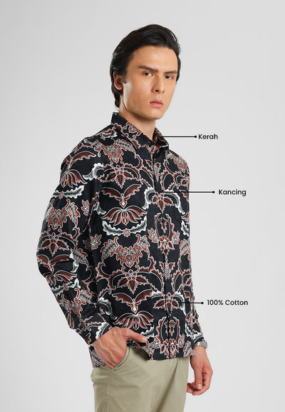 MANZONE - Kemeja Batik Lengan Panjang Pria Kundala 04 Modern Fit - Black