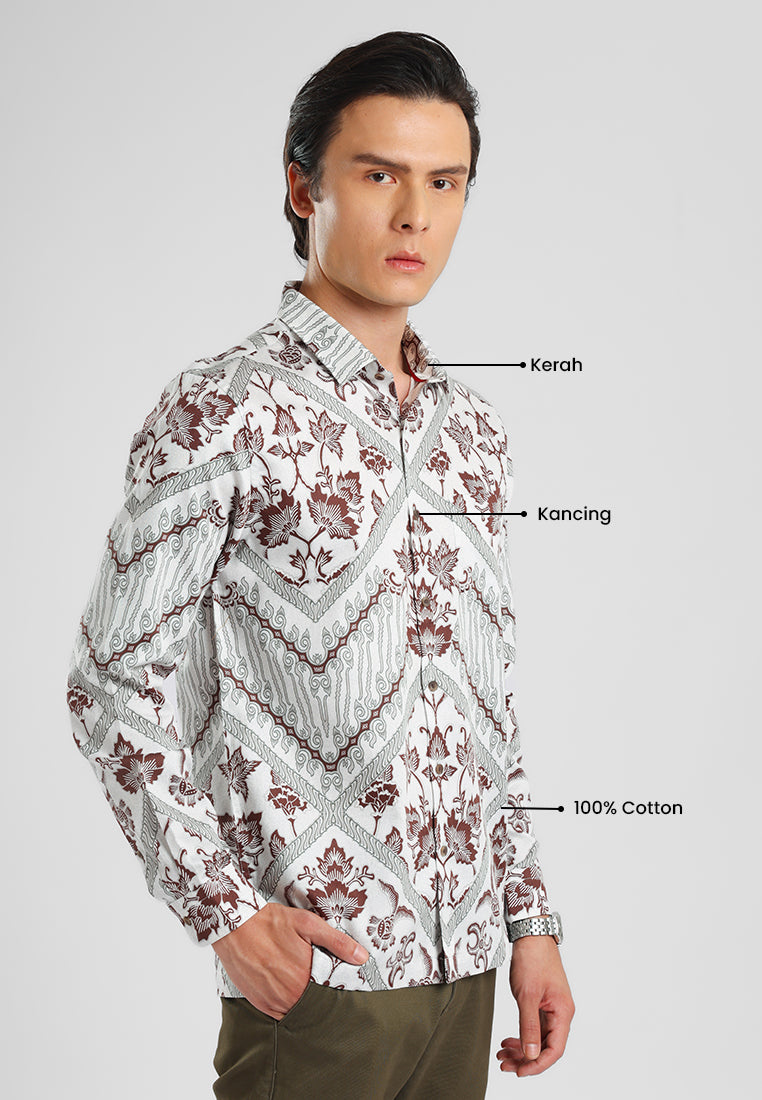 MANZONE - Kemeja Batik lengan Panjang Pria Kundala 01 Modern Fit - White
