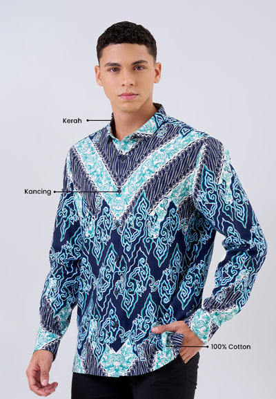 MANZONE - Kemeja Batik Lengan Panjang Pria Hirawan 03 Modern Fit - Navy