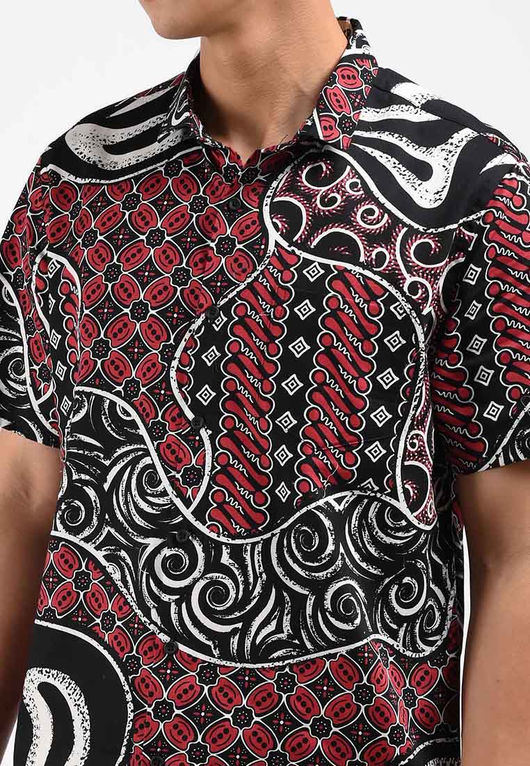 Manzone Kemeja Batik Lengan Pendek Pria PANDARKA 04 - BLACK RED