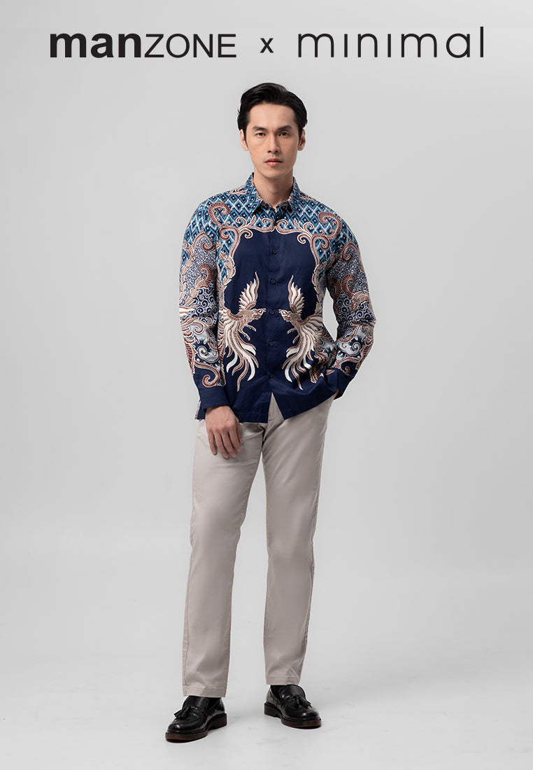 MANZONE - Kemeja Batik Lengan Panjang Pria  Bharabasa Modern Fit - Navy