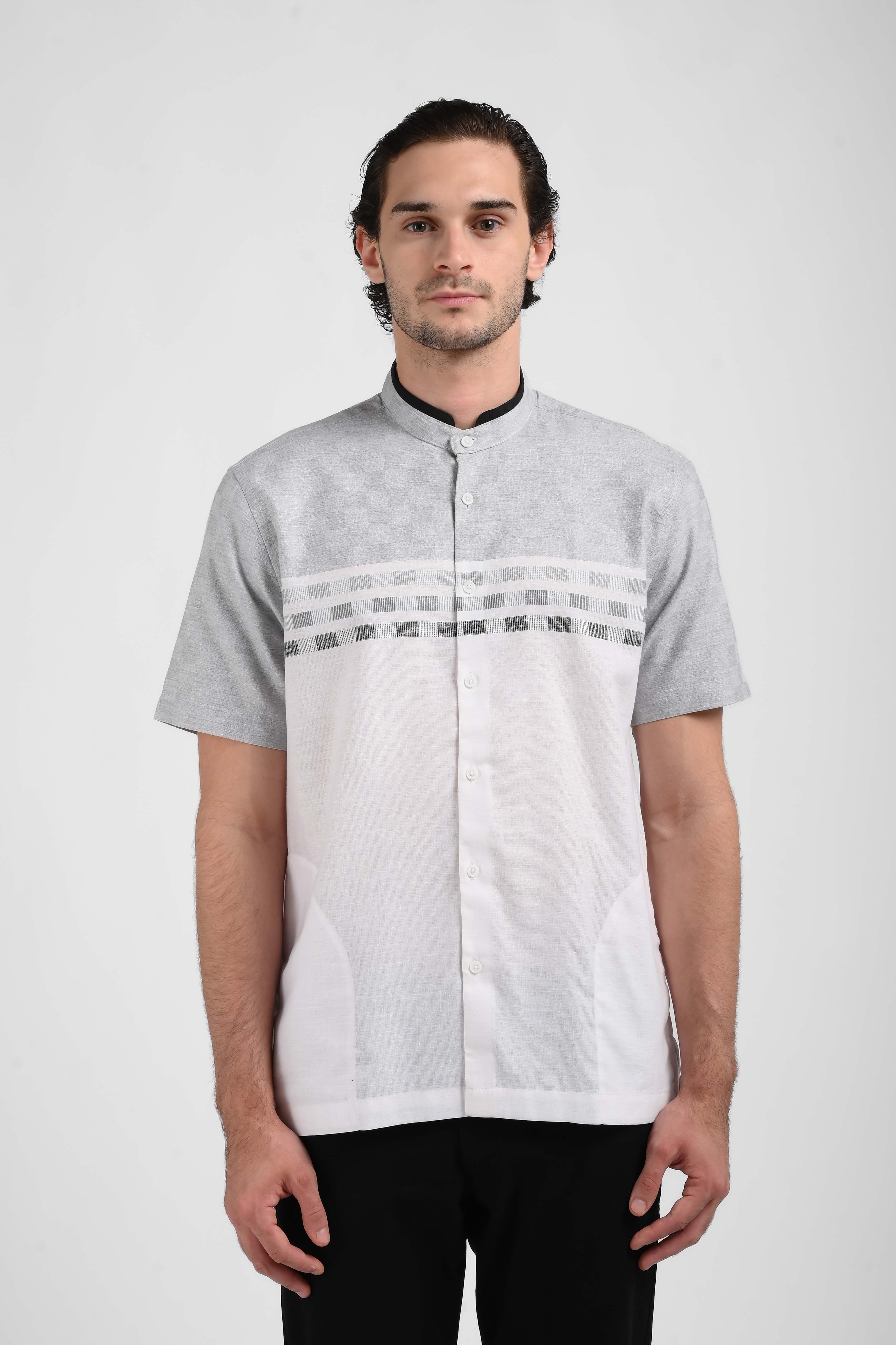 MANZONE Kemeja Koko Lengan Pendek Pria ADASH - GREY WHITE – Manzone Store